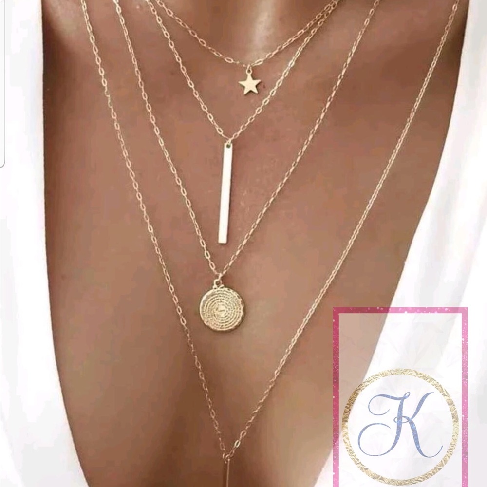 Gold Multilayered Minimalist Necklace, Star, Statement, Four Layers, Boho Style
